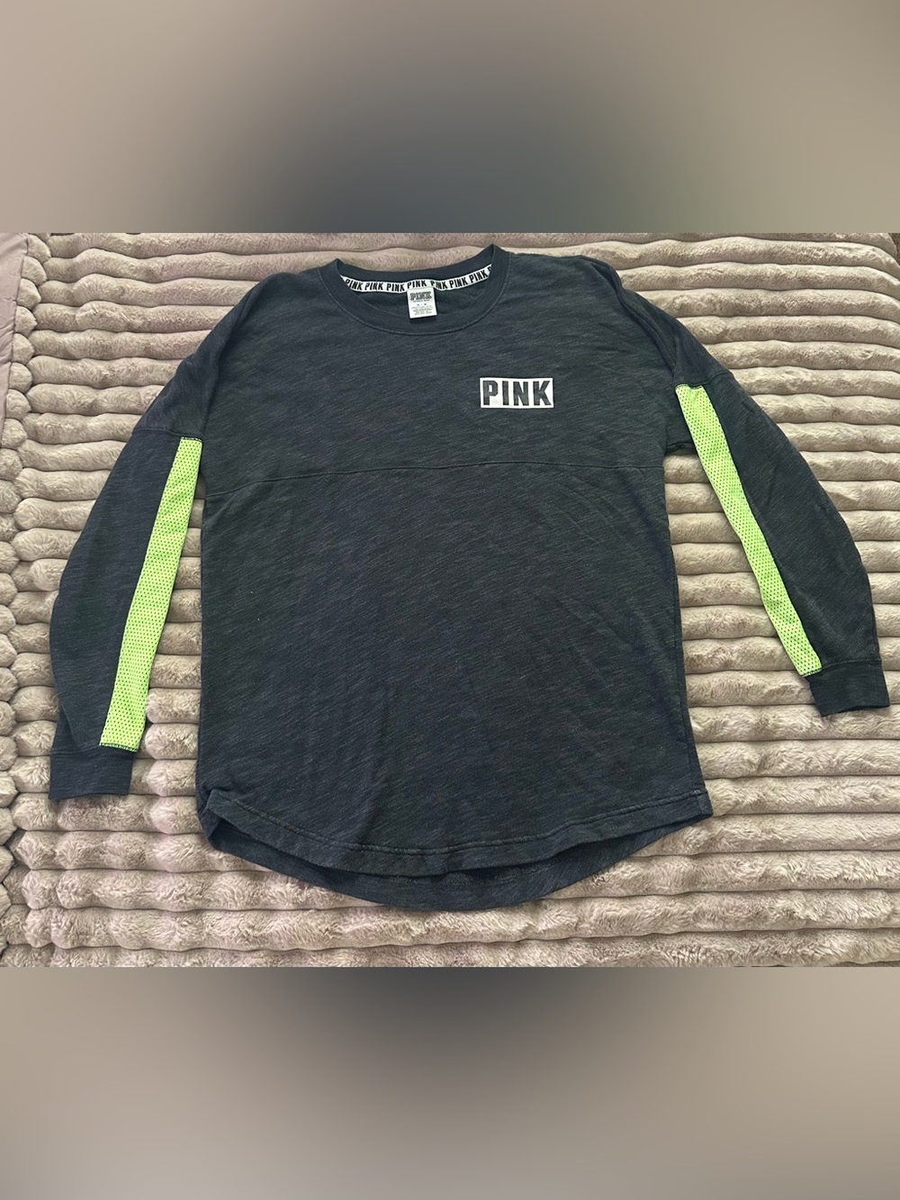PINK Victoria’s Secret Black Neon Green Long Sleeve Sweatshirt Size Medium